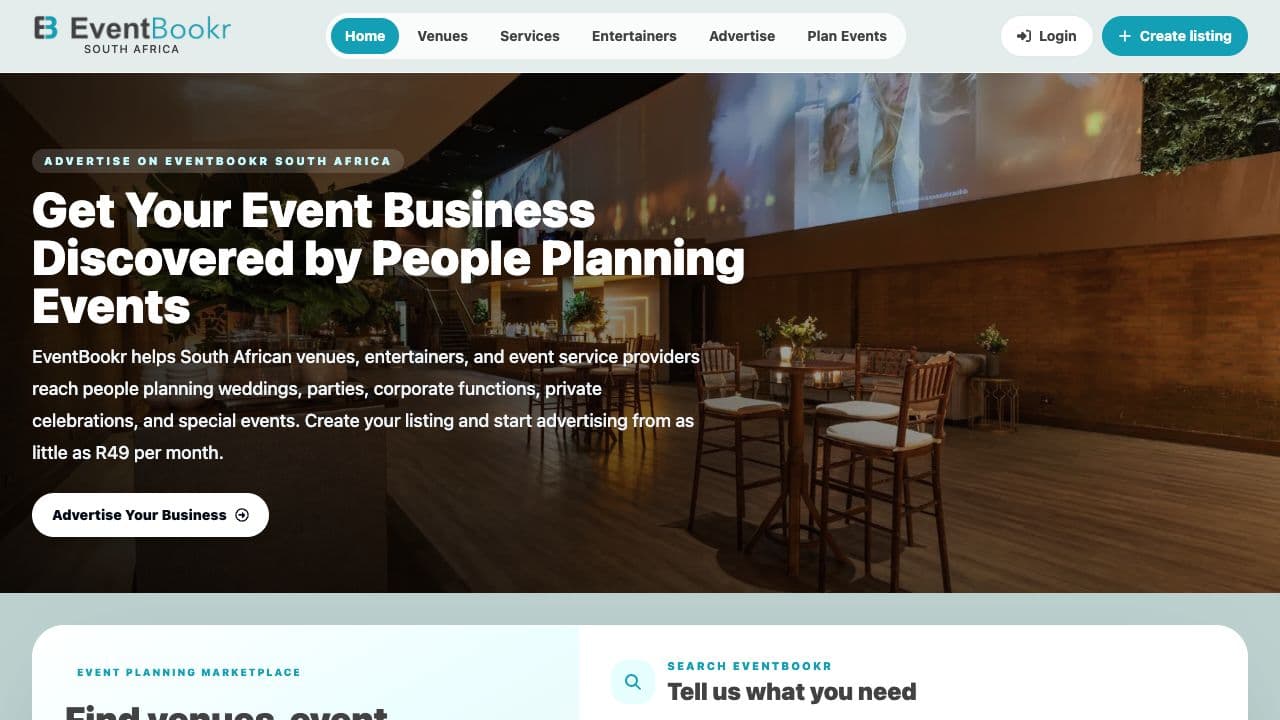 EventBookr South Africa homepage showing its event business marketplace, navigation, and discovery experience