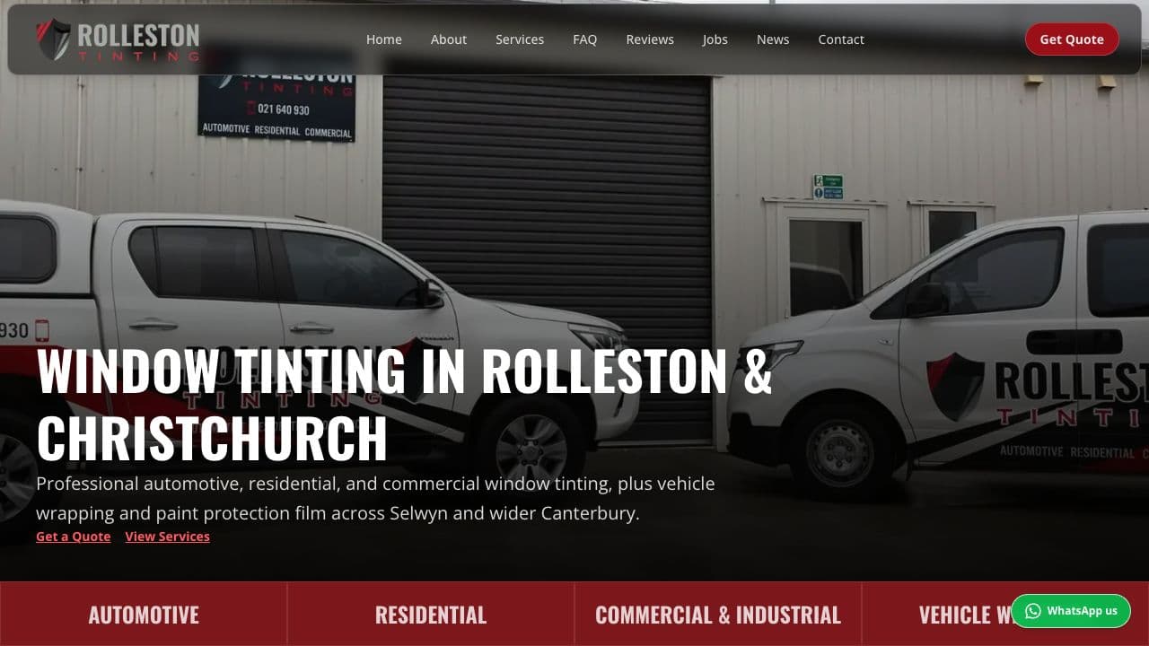 Rolleston Tinting homepage showing the company vehicles, navigation, service message, and quote call to action